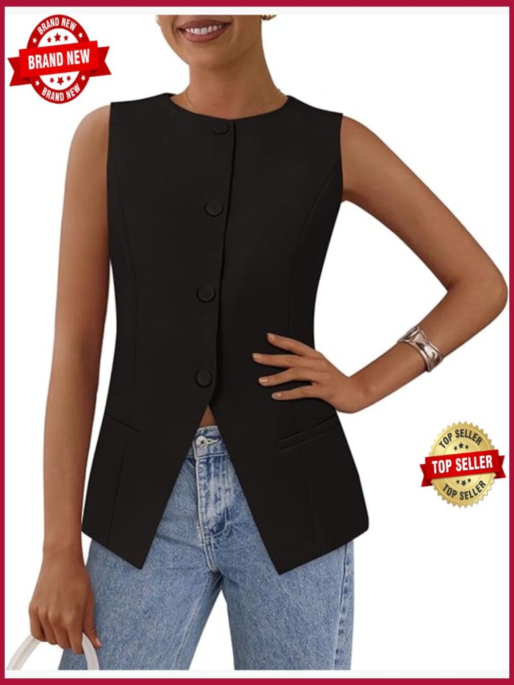 Dressy Sleeveless Blazer Waistcoat Button Down Suit Vest Top